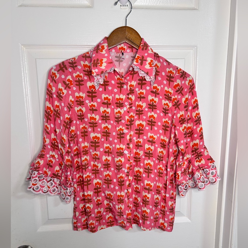 Celia B Womens Ruffled Lace Pink Paradise Button Collared Blouse Extra Small
